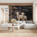 Cozy reading nook with a countryside stone and lamb theme wallpaper mural