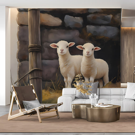 Nursery room featuring a rustic lamb mural on the main wall with light wood nursery furniture