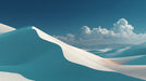 Abstract desert landscape wallpaper with white sand dunes, teal shadows, and bright blue sky with clouds.