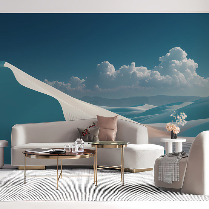 A home office space decorated with the expansive desert dune mural for a calm working environment.