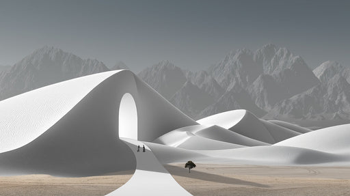Abstract desert mural featuring white sand dunes, a geometric portal, and distant grey mountains