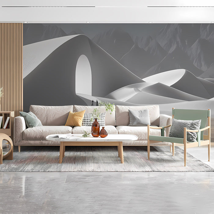 Contemporary home office featuring a calming, monochromatic desert mural wall