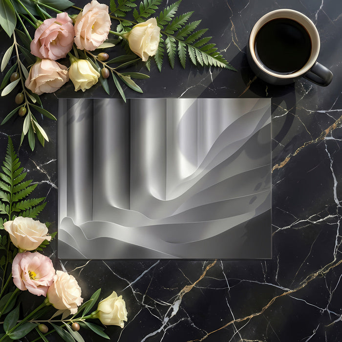 A sleek home office featuring the gray and white abstract wave mural design.