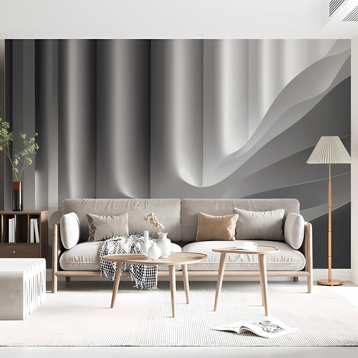 Minimalist bedroom interior showing the flowing vertical wave mural behind a bed.