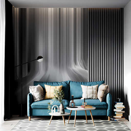 Modern living room featuring a monochrome waterfall wallpaper feature wall