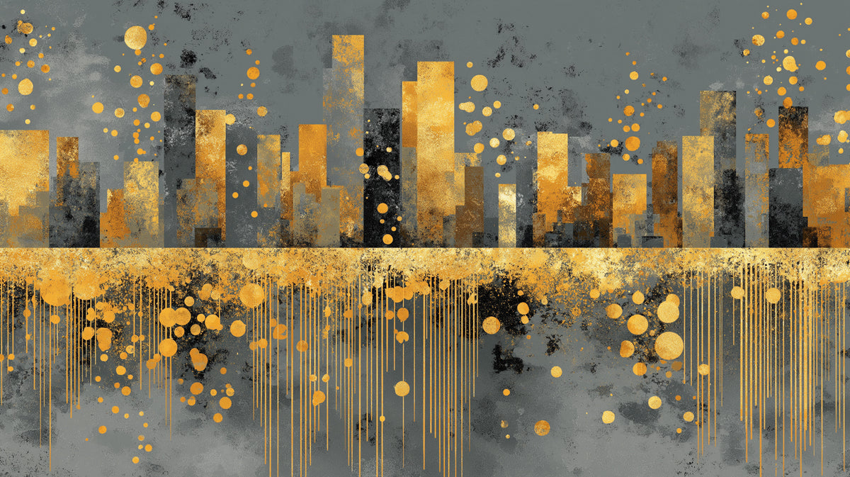 Abstract city skyline mural featuring metallic gold buildings and vertical paint drips on a dark charcoal gray background.