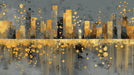 Abstract city skyline mural featuring metallic gold buildings and vertical paint drips on a dark charcoal gray background.