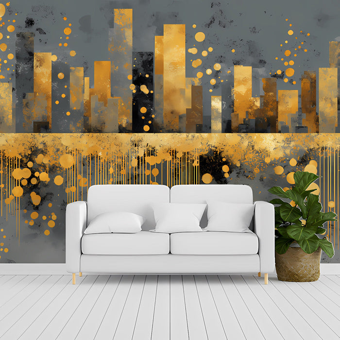 Contemporary dining room showing a city-inspired mural with golden highlights and abstract vertical drip patterns.