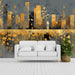 Contemporary dining room showing a city-inspired mural with golden highlights and abstract vertical drip patterns.
