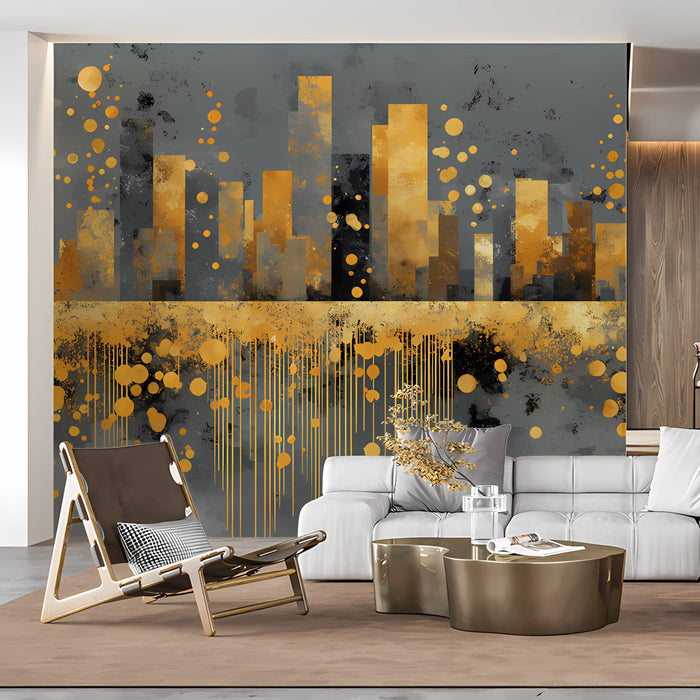Modern living room featuring a golden city skyline mural as a focal point above a gray velvet sofa.