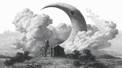 Etched style mural with a large crescent moon, billowing clouds, and a neoclassical building in charcoal tones.