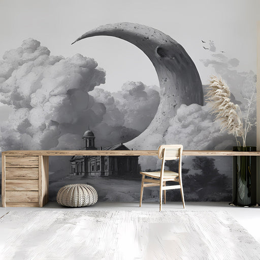 A sophisticated home office interior with the detailed monochromatic architectural wallpaper mural.