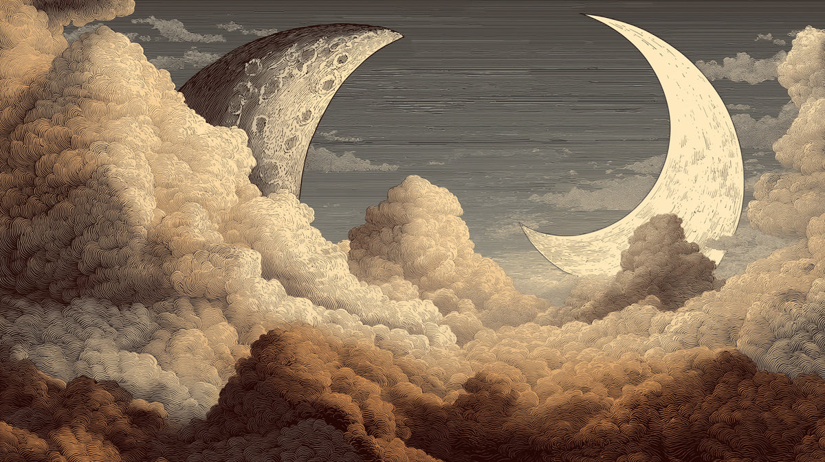 Etched style celestial mural with two crescent moons nestled in dense, vintage-inspired clouds in charcoal and sepia tones.