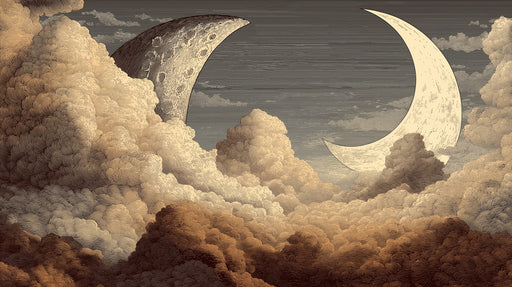 Etched style celestial mural with two crescent moons nestled in dense, vintage-inspired clouds in charcoal and sepia tones.