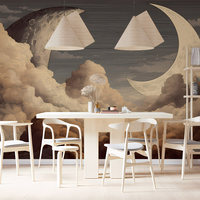 Sophisticated home office space featuring a celestial mural accent wall with warm lighting and antique desk accessories.