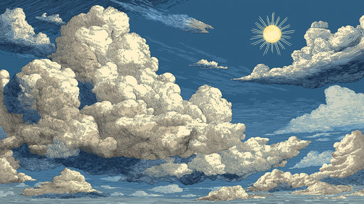 Engraved style mural wallpaper with puffy off-white clouds and a pale yellow sun against a deep blue sky