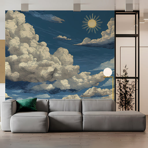 Engraved sky mural wallpaper installed behind a cozy reading nook with a velvet armchair