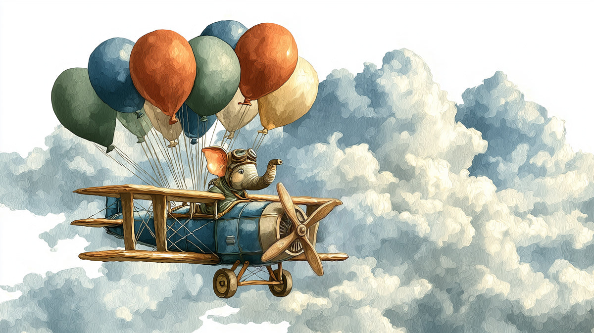 A whimsical illustration of a small elephant wearing aviator goggles flying a vintage blue biplane tethered to colorful balloons