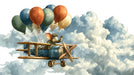 A whimsical illustration of a small elephant wearing aviator goggles flying a vintage blue biplane tethered to colorful balloons