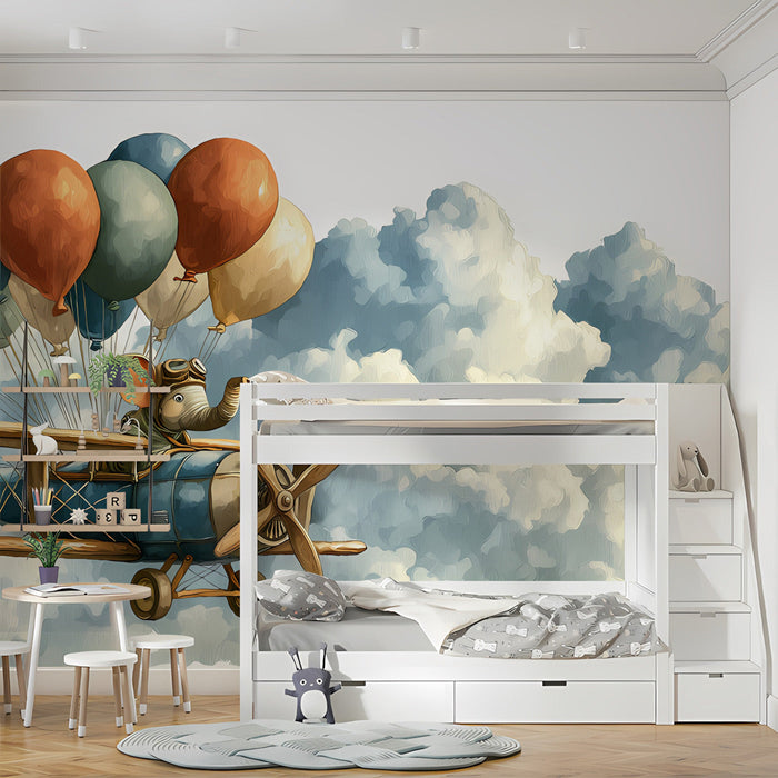 Child's bedroom interior showcasing a large, colorful mural of an elephant flying a biplane