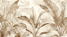 Botanical sketch mural with sepia banana leaves on a creamy off-white background