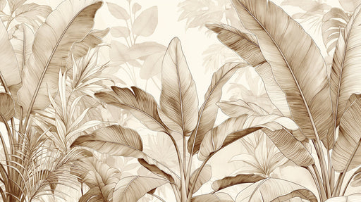 Botanical sketch mural with sepia banana leaves on a creamy off-white background