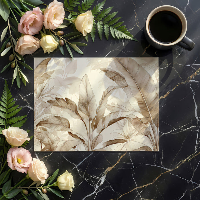 Elegant bedroom wall adorned with a delicate brown-and-white tropical leaf mural