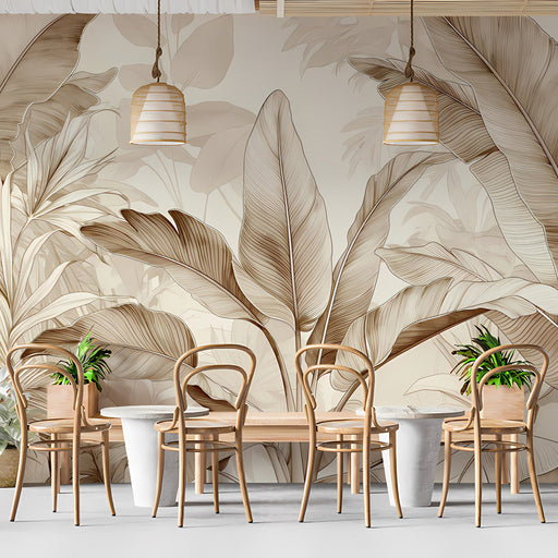Living room featuring a subtle botanical sepia wall mural behind a neutral sofa