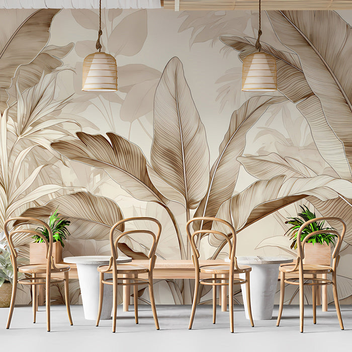 Living room featuring a subtle botanical sepia wall mural behind a neutral sofa