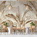 Living room featuring a subtle botanical sepia wall mural behind a neutral sofa