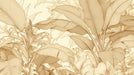 Fine line art drawing of overlapping tropical banana leaves in sepia, beige, and cream tones.