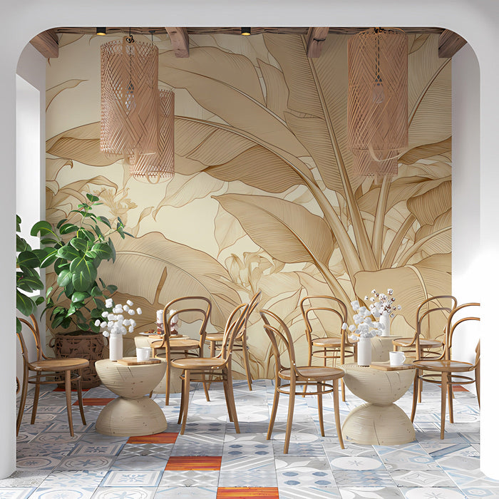 A light and airy dining room wall featuring neutral tropical leaf wallpaper design.