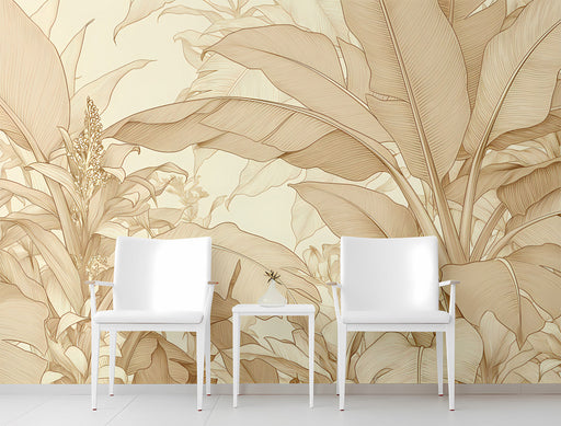 A minimalist bedroom featuring banana leaf mural wallpaper for a warm and calming retreat.