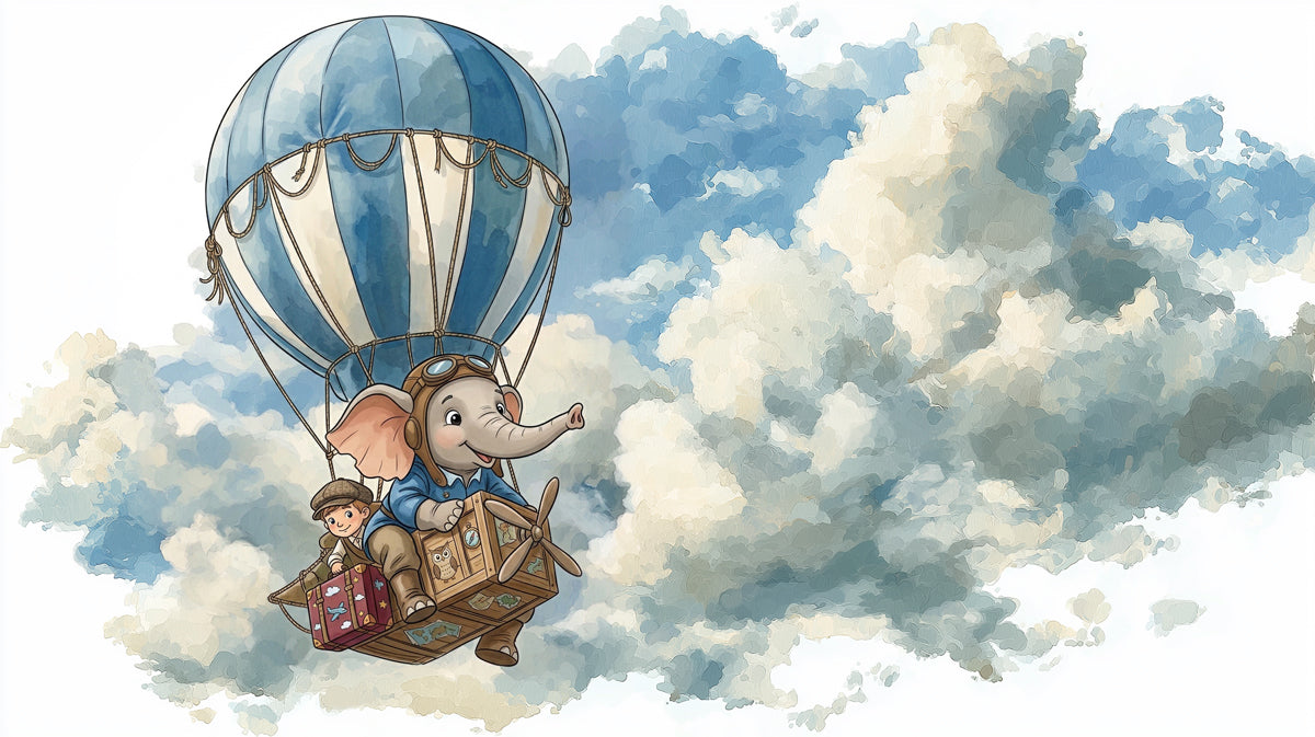 A watercolor style mural showing an elephant and a boy flying in a striped hot air balloon through fluffy clouds.