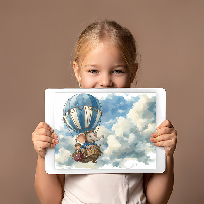 An imaginative playroom wall featuring the elephant pilot mural with soft blue and white decor.