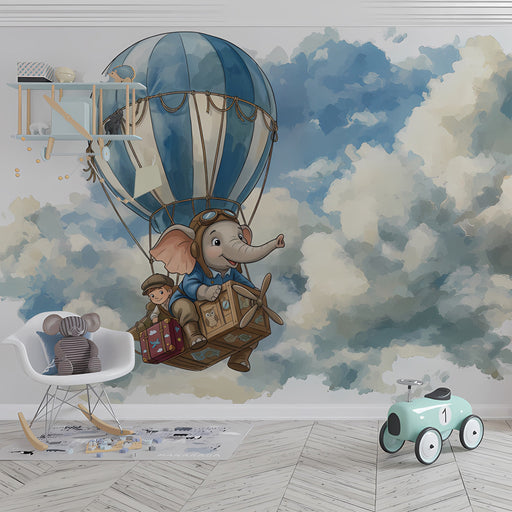The hot air balloon wallpaper installed in a cozy, light-filled nursery with a wooden crib.