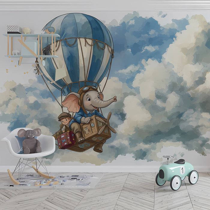 The hot air balloon wallpaper installed in a cozy, light-filled nursery with a wooden crib.