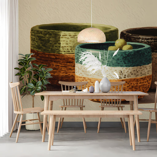 A cozy kitchen dining area featuring an earthy ceramic-themed mural on the feature wall.