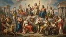 A classical oil painting mural of the Olympian gods, featuring figures in terracotta, blue, and ochre robes with marble temples.