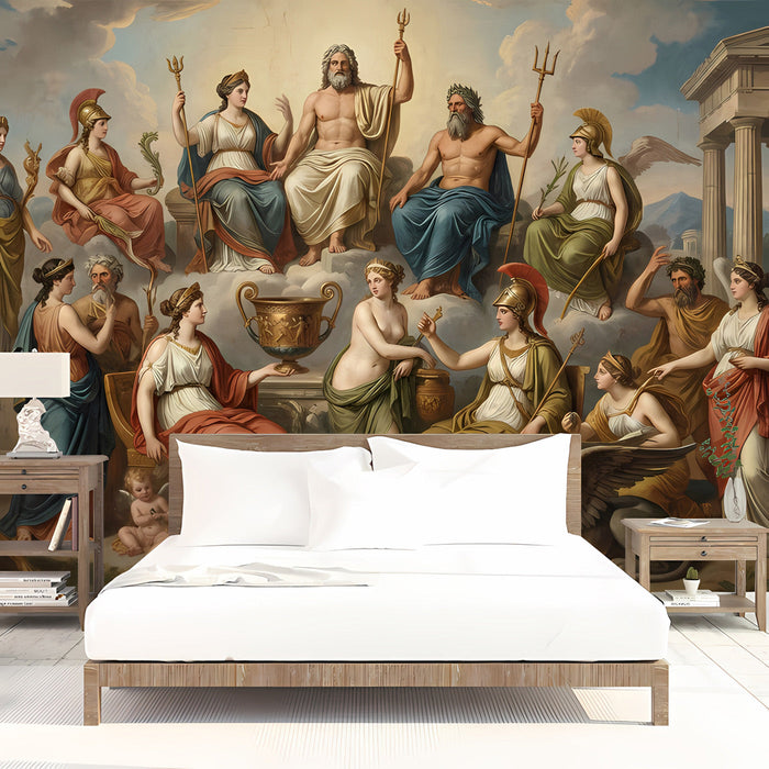 A hotel lobby corridor decorated with a grand scale classical Greek gods wallpaper mural.