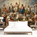 A hotel lobby corridor decorated with a grand scale classical Greek gods wallpaper mural.