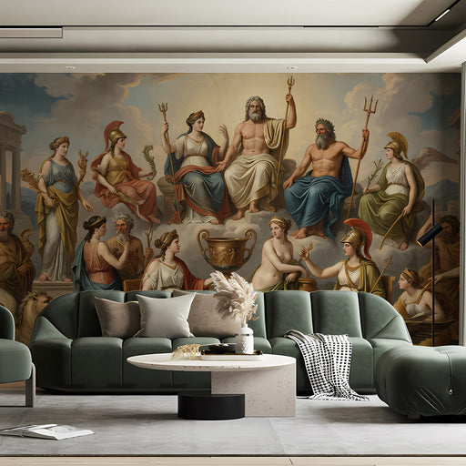 The Olympian mural installed as a feature wall in a grand, high-ceilinged living room with traditional furniture.