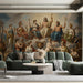 The Olympian mural installed as a feature wall in a grand, high-ceilinged living room with traditional furniture.