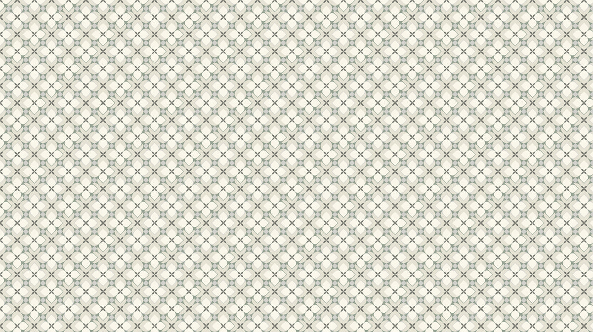 Geometric petal lattice pattern in soft sage green, cream, and charcoal gray