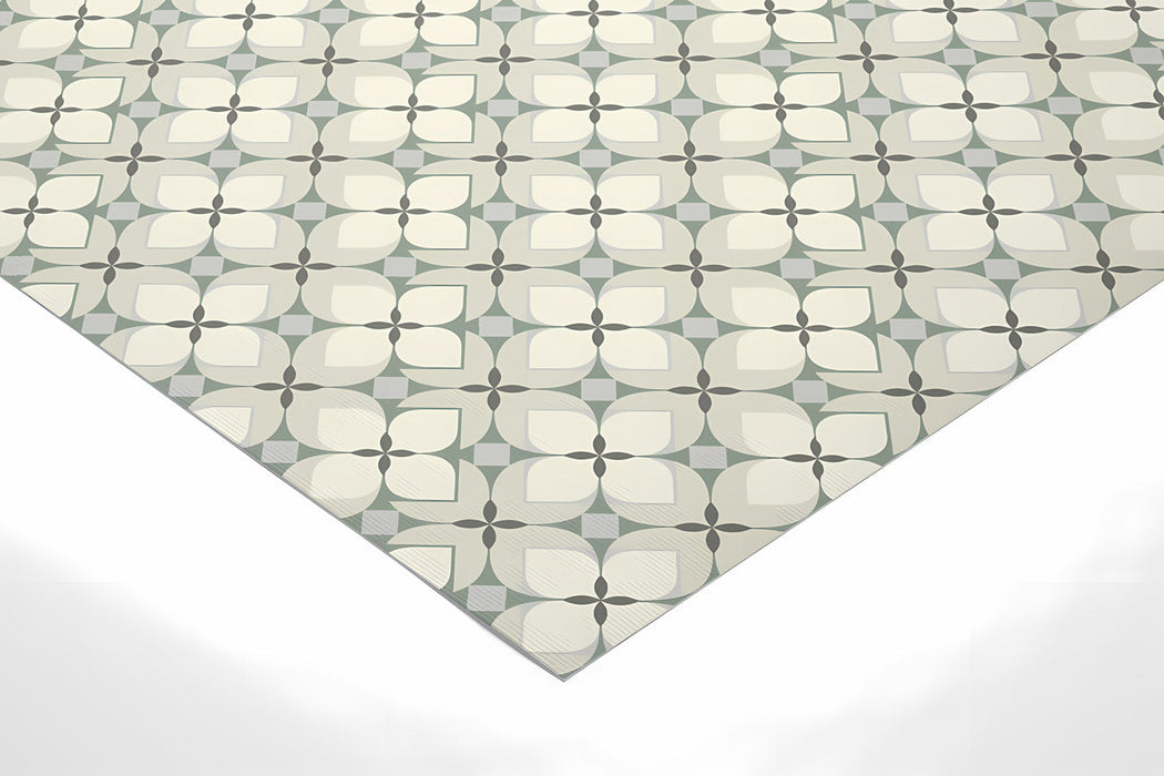 Bright kitchen featuring sage and cream geometric patterned wallpaper