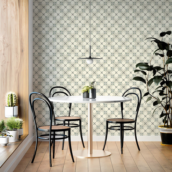 Minimalist entryway decorated with a subtle floral lattice wall mural