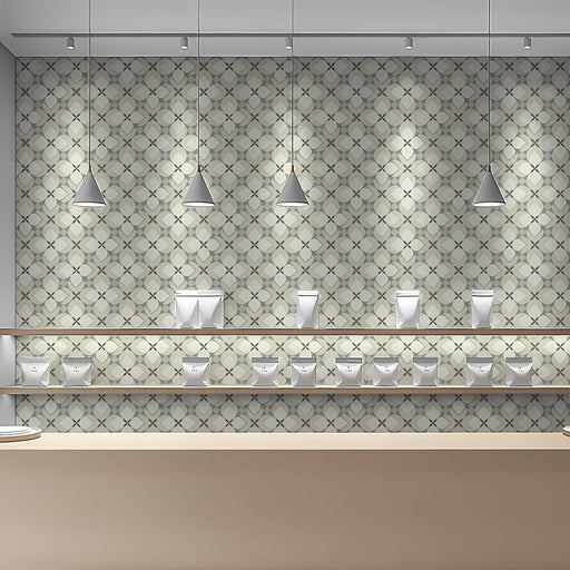 Modern home office with geometric petal wallpaper on a feature wall