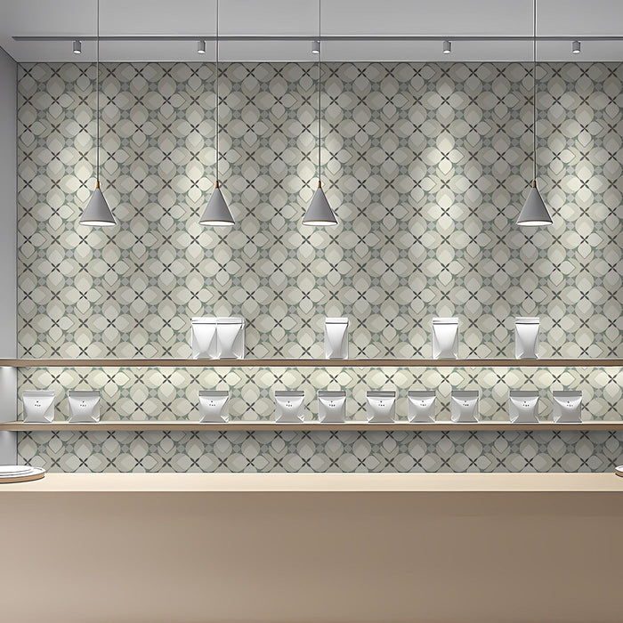 Modern home office with geometric petal wallpaper on a feature wall