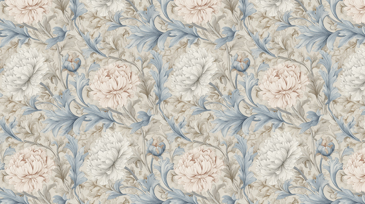 Floral pattern wallpaper with dusty blue acanthus leaves and rose-pink peony blossoms on a cream background.