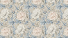 Floral pattern wallpaper with dusty blue acanthus leaves and rose-pink peony blossoms on a cream background.